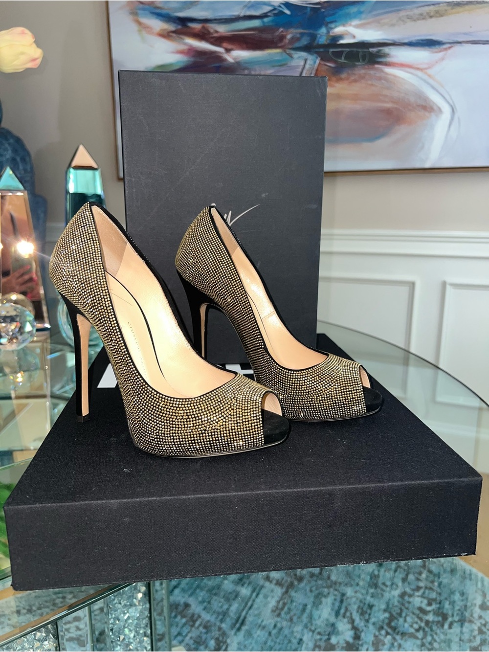 Giuseppe Zanotti Gold Crystal Peep-Toe Stilettos with Black Trim